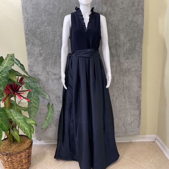 Jessica Howard Formal Dress Women’s 12 sleeveless V-ruffle neck Taffeta Dk.Blue